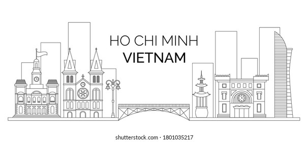 Landscape of Vietnam Ho Chi Minh. Vector outline of buildings and bridge of Ho Chi Minh City. Vector illustration for your graphic design.