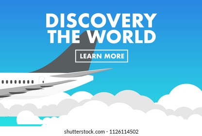 landscape view above the cloud level with tail of plane(airplane) above the cloud and copy space for text "Discovery the world" for summer vacation wallpaper, background, backdrop, advertisement  