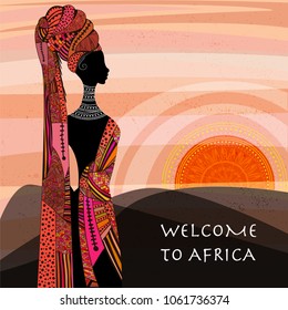 Landscape view of Africa with young african woman looking to mountains and rising sun. Vector illustration. Use it as a basic image in travel industry and nature's notes. 