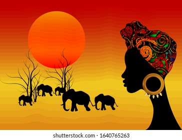 Landscape view of Africa with young African woman with turban looking to elephants and rising sun. Vector African safari concept for use it as a basic image in travel industry and nature's notes