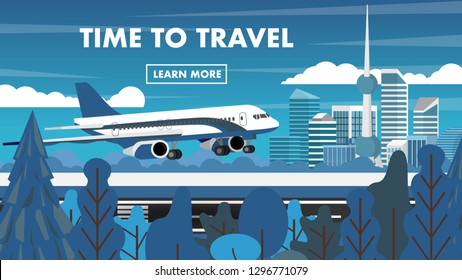 Landscape view of airplane, plane while landing into the airport surrounding with trees in dark blue minimal modern tone