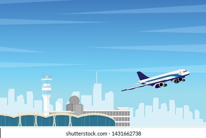 Landscape view of the airport with airplane while take off from the airport in the day time with copy space for text in the sky