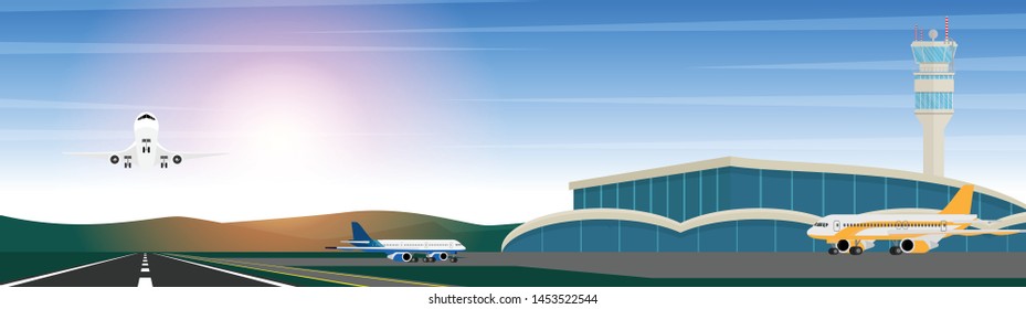 Landscape view of the airport with airplane while take off from the airport in the day time with copy space for text in the sky