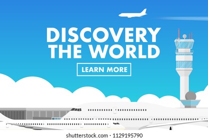 Landscape view of airport terminal with air traffic control tower and airplane(plane) in the airport and in the sky with copy space for text "Discovery the world" in the sky 