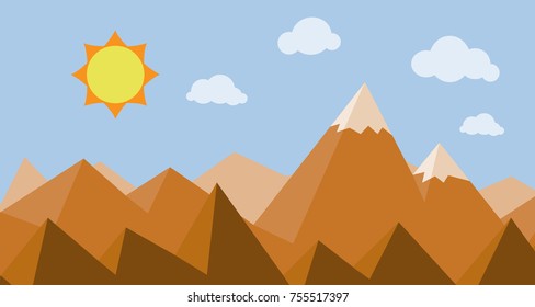 The landscape view of alpine mountain with snow cap on the top peak of mountain in orange earth tone color style with some cloud and the sun