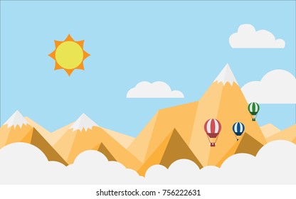 The landscape view of alpine mountain with snow cap on the top peak of mountain in orange earth tone color style with some cloud , hot air balloon and the sun