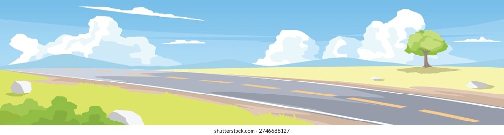 Landscape view of asphalt road on hills. Bright sunlight shines on vast meadows on the hillside. A solitary tree stands among the trees. The backdrop is a mountain range under a clear, cloudy sky.