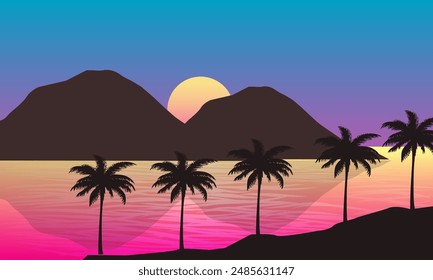 landscape view of the beach in the afternoon with sunset and palm silhouettes