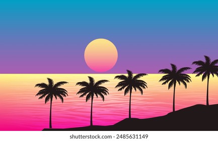 landscape view of the beach in the afternoon with sunset and palm silhouettes
