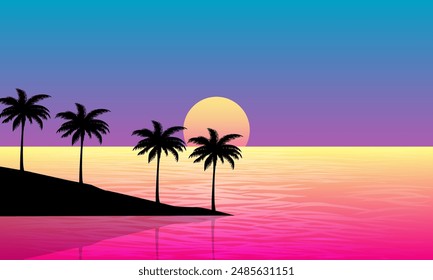 landscape view of the beach in the afternoon with sunset and palm silhouettes