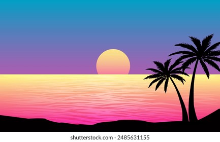 landscape view of the beach in the afternoon with sunset and palm silhouettes