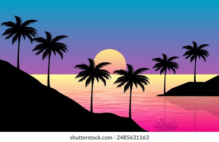 landscape view of the beach in the afternoon with sunset and palm silhouettes