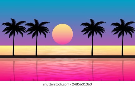 landscape view of the beach in the afternoon with sunset and palm silhouettes