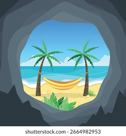 Paisaje con vista a la playa con palmeras en el océano. Vista desde la cueva. Turismo, viajes.