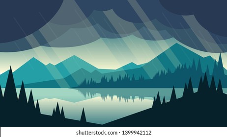 Landscape view of the beautiful lake among the mountain range with many mountains in the background in the raining day with some sun light shining- dark green color tone style