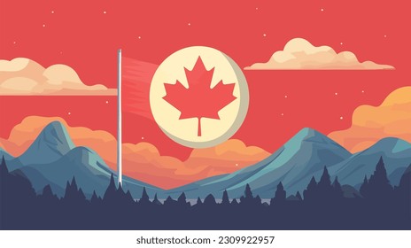 Landscape View of Canada, Red Autumn Leaf background, Happy Canada Day, Vector Illustration, Forest View