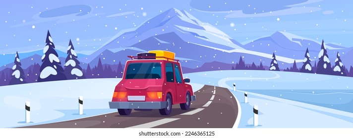 Landscape view of a car on a road trip in winter. Family travel to the mountains for a vacation on holidays. Journey on a ski and snowboarding season. Cartoon style vector illustration.