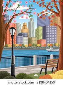 Landscape view of a cartoon colorful city. Park in the city with buildings and river. 
