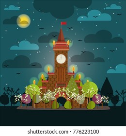 Landscape view with castle at night. Somewhere in Transilvania, or other mystical place. Good to use for illustration books, children books, fairy tales, and background image for your project. 