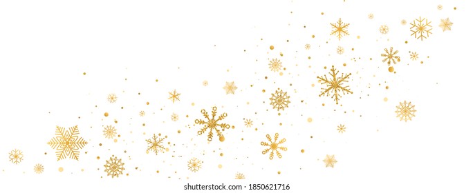 Landscape view Celebration banner. Golden snowflakes border in wave shape. Glitter gold snowflakes and snow with stars on white background. Merry Christmas and Happy New Year design. Vector illustration.