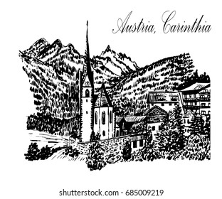 Landscape view of the church and alpine village in the mountains in Carinthia, austria, sketch, hand-drawn vector illustration