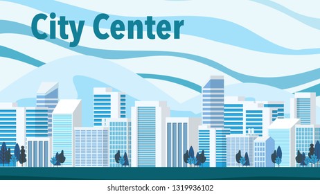 Landscape view of city center with many modern architecture and the park with many tree in foreground with text central park in the sky