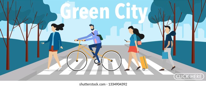Landscape view of city center with many modern architecture in background with clear copy space in the sky for text and many people are crossing the road 