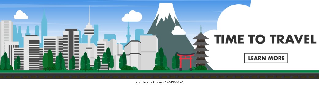 Landscape view of city centre with Fuji mountain in the back in banner style with copy space for text