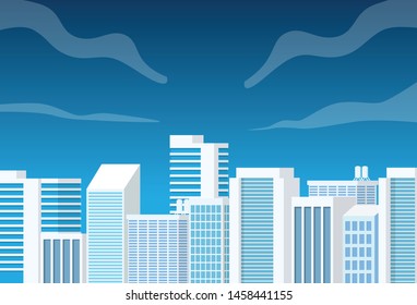 Landscape view of the city with many sky high rise buildings with dark blue sky before sunrise or after sun set
