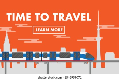 Landscape view of the city with mono-rail sky train in sunset time with orange sky