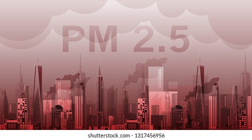 Landscape view or city of PM 2.5 dust city with a lot of dust and smog.  PM 2.5 dust bad pollution is a problem in big cities. vector design.