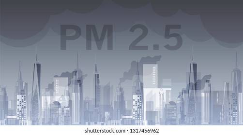 Landscape view or city of PM 2.5 dust city with a lot of dust and smog.  PM 2.5 dust bad pollution is a problem in big cities. vector design.