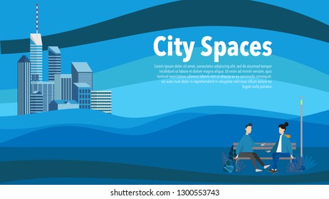 Landscape view of city view surrounding with trees in blue minimal modern tone with people in the park