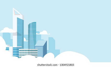 Landscape view of city tower building in light blue minimal modern tone in background wallpaper style with copy space for text in the sky