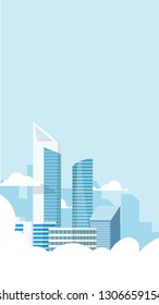 Landscape view of city tower building in light blue minimal modern tone in background wallpaper style with copy space for text in the sky