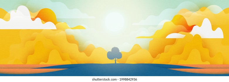 Landscape view of colorful meadows and mountains in sunny day.Flat panorama of spring summer beautiful nature forest scenic on horizon background.Vector illustration.