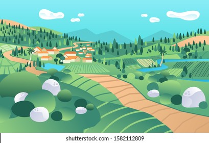 Landscape view in country side, with mountain, valley, houses, river, tree, rice field vector illustration. use for poster, banner,infographic and other.