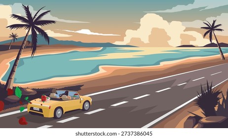Landscape view of couple in a yellow convertible driving along a scenic coastal asphalt road at sunset. Featuring coconuts trees a tropical beach and a retro flat art style. For valentine's days.