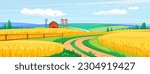 Landscape view of a crop field with a barn and a road. Rural harvest scene with beautiful golden wheat. Poster of beautiful countryside farmland with yellow crops in fall. Cartoon vector illustration