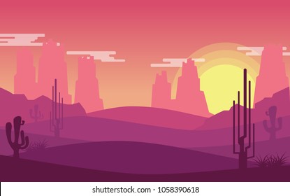 landscape view of desert with dried land hill,mountain rock with some cactuses tree in morning sunrise or evening sunset time in orange pink tone for website background,wallpaper,backdrop