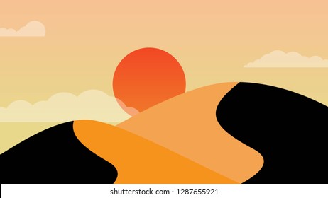 Landscape view of desert in sunset .org sunrise time in monotone-orange to black tone in modern sillhouate style