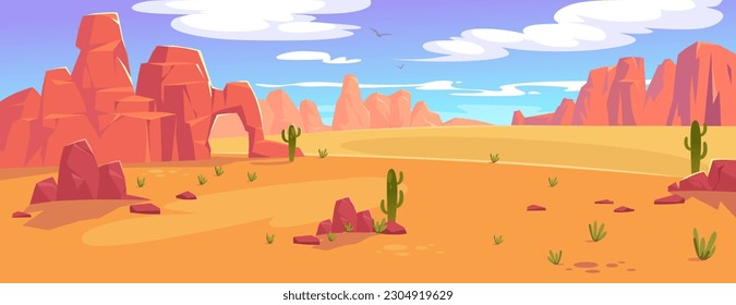 Landscape view of a desert valley with rocky mountains, sand, cactus plants. Background for a cowboy game level. Natural wilderness of Wild West America and Grand Canyon. Cartoon vector illustration.