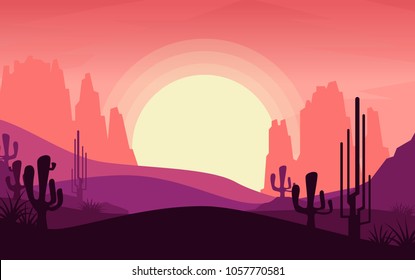Landscape view of desert when the sun is setting with big sun shines,cactus in desert,dried rock mountain in the background in pink-orange cool hot tone for wallpaper,background,backdrop,advertising 