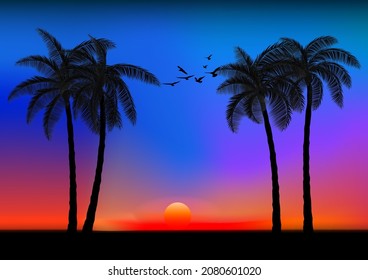 landscape view drawing palm with sunset or sunrise background vector illustration concept romantic