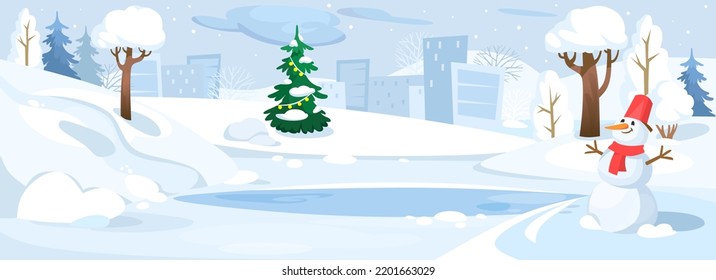 Vista panorámica de una pista de hielo vacía en un parque de la ciudad bajo la nieve. Fondo invernal con un árbol de Navidad decorado y un muñeco de nieve. Vacaciones fuera de la ciudad. Ilustración vectorial de estilo de dibujos animados.