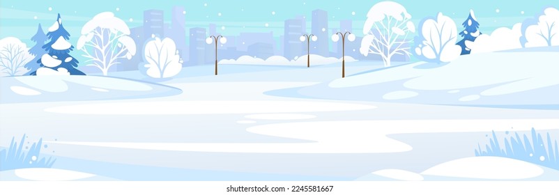 Landscape view of an empty ice rink in a city park under snow. Winter background with trees under snow and a view of a town. Holidays season outside of a town. Cartoon style vector illustration.