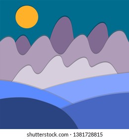 Landscape view of fields, meadows, mountains, forest and sun. Country background in flat cartoon style with paper cut style for card, poster, wallpaper, banner. EPS 10 vector illustration.