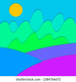 Landscape view of fields, meadows, mountains, forest and sun in neon colors. Country background in flat cartoon and paper cut style for card, poster, wallpaper, banner. EPS 10 vector illustration.