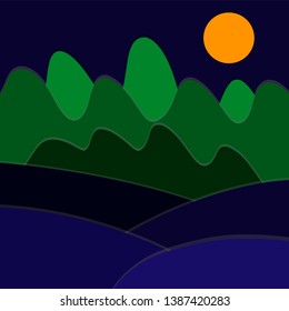 Landscape view of fields, meadows, mountains, forest and moon in dark night. Country background in flat cartoon and paper cut style for card, poster, wallpaper, banner. EPS 10 vector illustration.