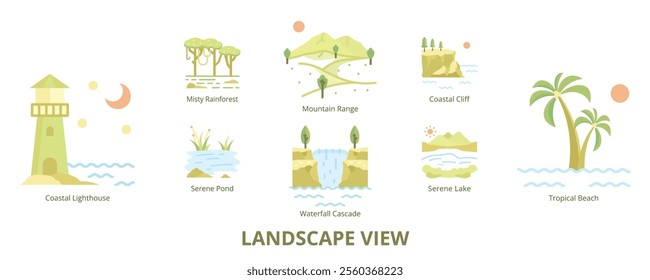 Landscape View Flat Banner Web Icon Set Vector Illustration